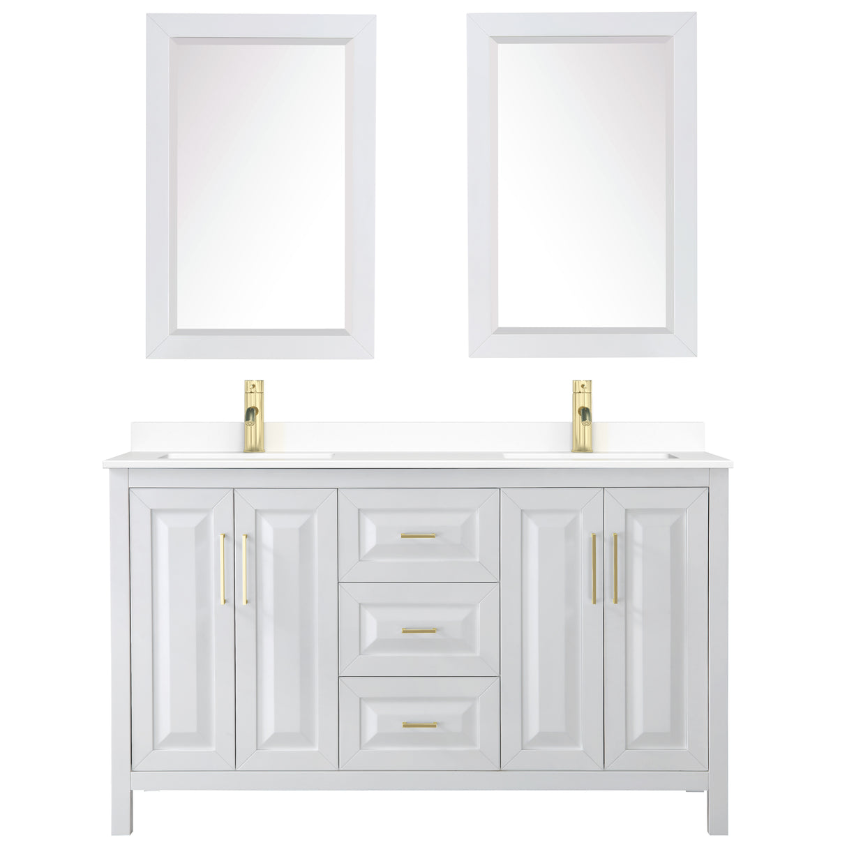 Daria 60 Inch Double Bathroom Vanity in White White Cultured Marble Countertop Undermount Square Sinks 24 Inch Mirrors Brushed Gold Trim