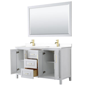 Daria 60 Inch Double Bathroom Vanity in White White Cultured Marble Countertop Undermount Square Sinks 58 Inch Mirror Brushed Gold Trim