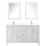 Daria 60 Inch Double Bathroom Vanity in White White Cultured Marble Countertop Undermount Square Sinks Medicine Cabinets Brushed Gold Trim