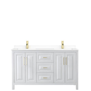 Daria 60 Inch Double Bathroom Vanity in White White Cultured Marble Countertop Undermount Square Sinks Brushed Gold Trim