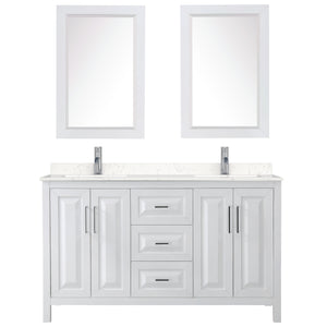 Daria 60 Inch Double Bathroom Vanity in White Carrara Cultured Marble Countertop Undermount Square Sinks 24 Inch Mirrors