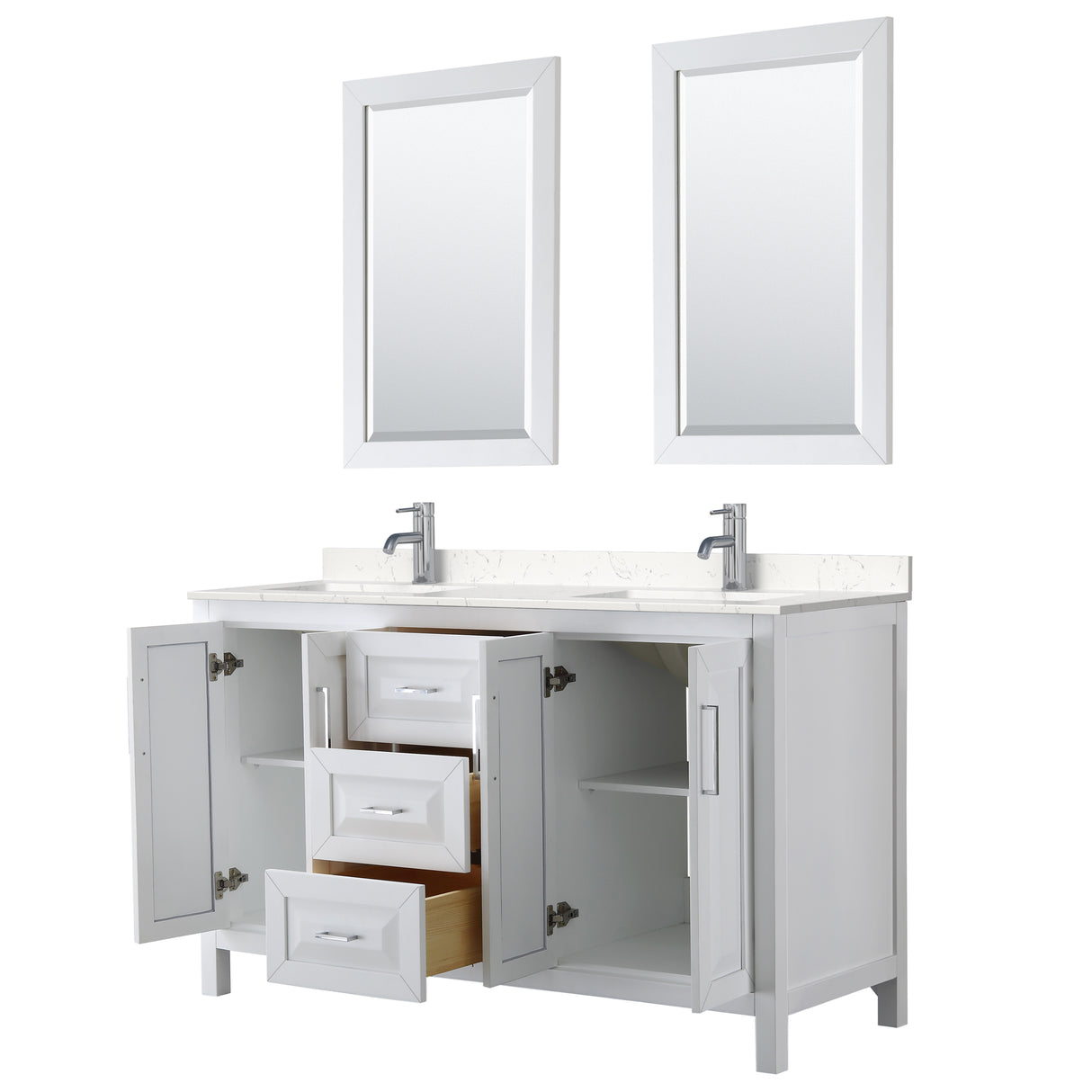 Daria 60 Inch Double Bathroom Vanity in White Carrara Cultured Marble Countertop Undermount Square Sinks 24 Inch Mirrors