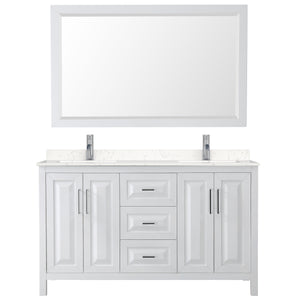 Daria 60 Inch Double Bathroom Vanity in White Carrara Cultured Marble Countertop Undermount Square Sinks 58 Inch Mirror