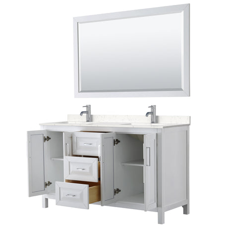 Daria 60 Inch Double Bathroom Vanity in White Carrara Cultured Marble Countertop Undermount Square Sinks 58 Inch Mirror