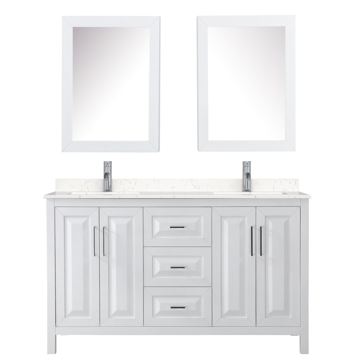 Daria 60 Inch Double Bathroom Vanity in White Carrara Cultured Marble Countertop Undermount Square Sinks Medicine Cabinets