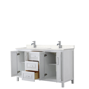 Daria 60 Inch Double Bathroom Vanity in White Carrara Cultured Marble Countertop Undermount Square Sinks No Mirror