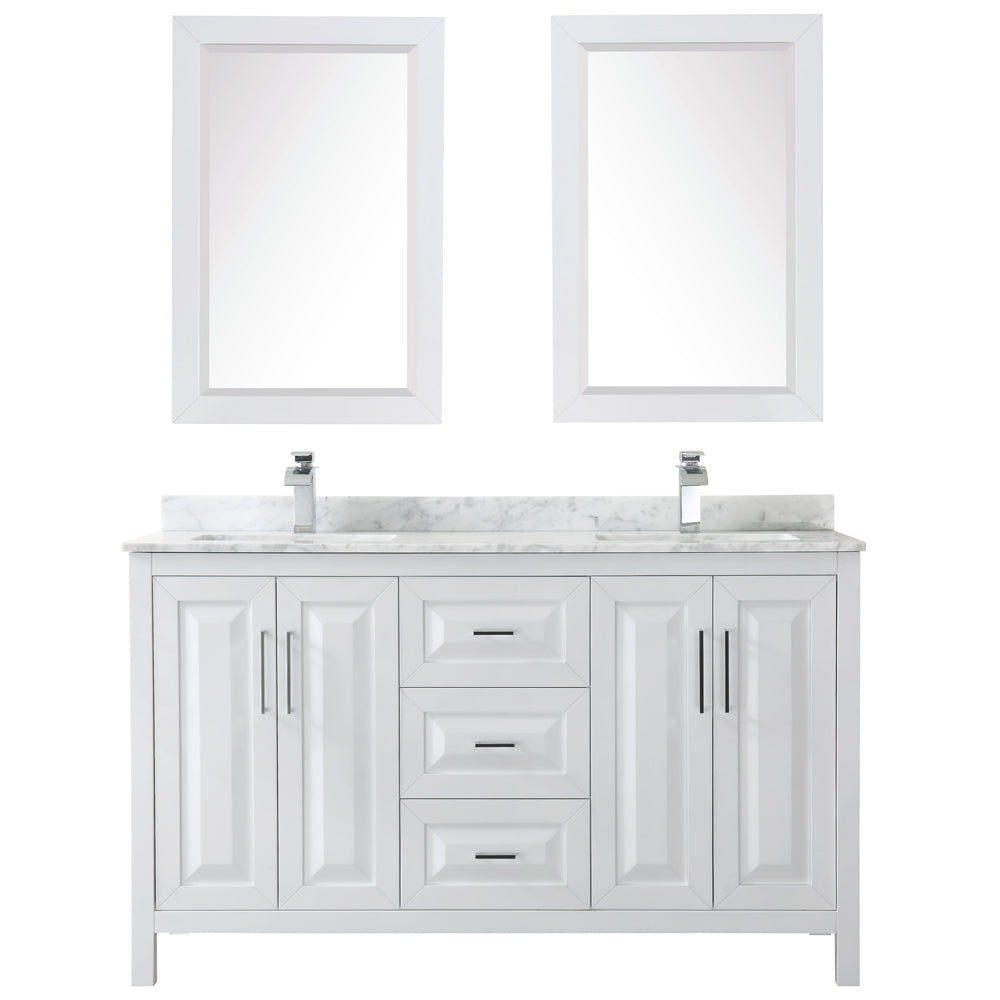 Daria 60 Inch Double Bathroom Vanity in White White Carrara Marble Countertop Undermount Square Sinks and 24 Inch Mirrors