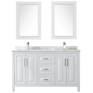 Daria 60 Inch Double Bathroom Vanity in White White Carrara Marble Countertop Undermount Square Sinks and 24 Inch Mirrors