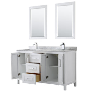 Daria 60 Inch Double Bathroom Vanity in White White Carrara Marble Countertop Undermount Square Sinks and 24 Inch Mirrors