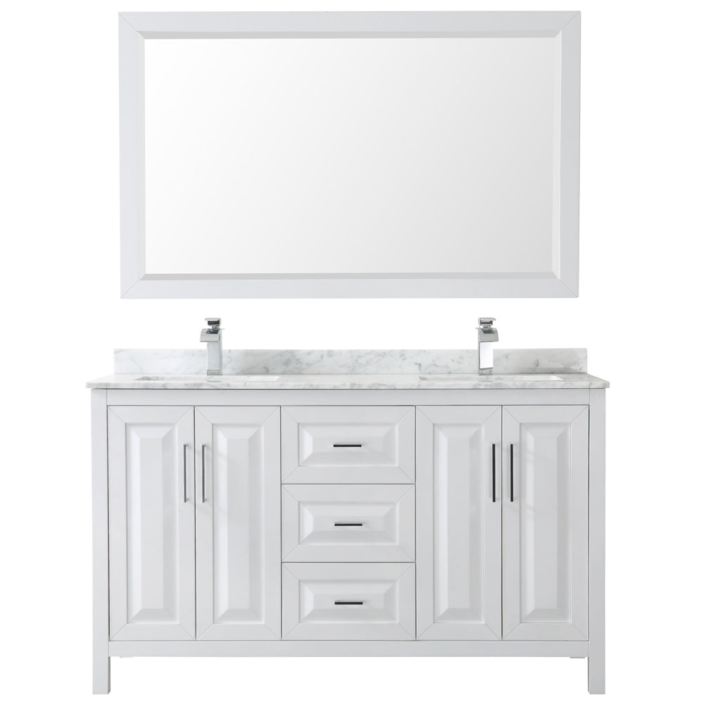 Daria 60 Inch Double Bathroom Vanity in White White Carrara Marble Countertop Undermount Square Sinks and 58 Inch Mirror