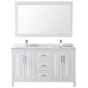 Daria 60 Inch Double Bathroom Vanity in White White Carrara Marble Countertop Undermount Square Sinks and 58 Inch Mirror
