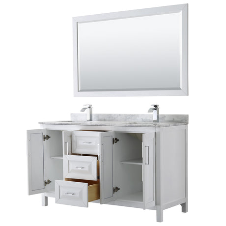 Daria 60 Inch Double Bathroom Vanity in White White Carrara Marble Countertop Undermount Square Sinks and 58 Inch Mirror
