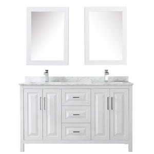 Daria 60 Inch Double Bathroom Vanity in White White Carrara Marble Countertop Undermount Square Sinks and Medicine Cabinets