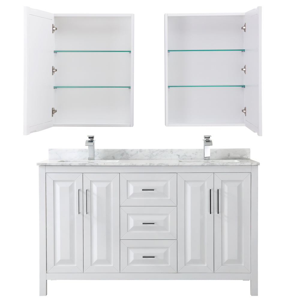 Daria 60 Inch Double Bathroom Vanity in White White Carrara Marble Countertop Undermount Square Sinks and Medicine Cabinets