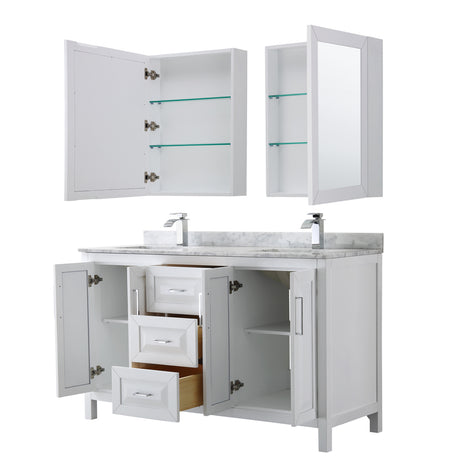 Daria 60 Inch Double Bathroom Vanity in White White Carrara Marble Countertop Undermount Square Sinks and Medicine Cabinets