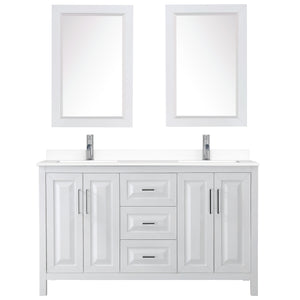 Daria 60 Inch Double Bathroom Vanity in White White Cultured Marble Countertop Undermount Square Sinks 24 Inch Mirrors