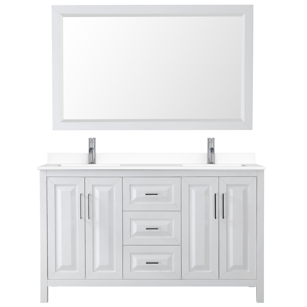 Daria 60 Inch Double Bathroom Vanity in White White Cultured Marble Countertop Undermount Square Sinks 58 Inch Mirror