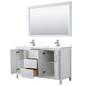 Daria 60 Inch Double Bathroom Vanity in White White Cultured Marble Countertop Undermount Square Sinks 58 Inch Mirror