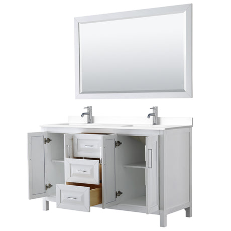 Daria 60 Inch Double Bathroom Vanity in White White Cultured Marble Countertop Undermount Square Sinks 58 Inch Mirror