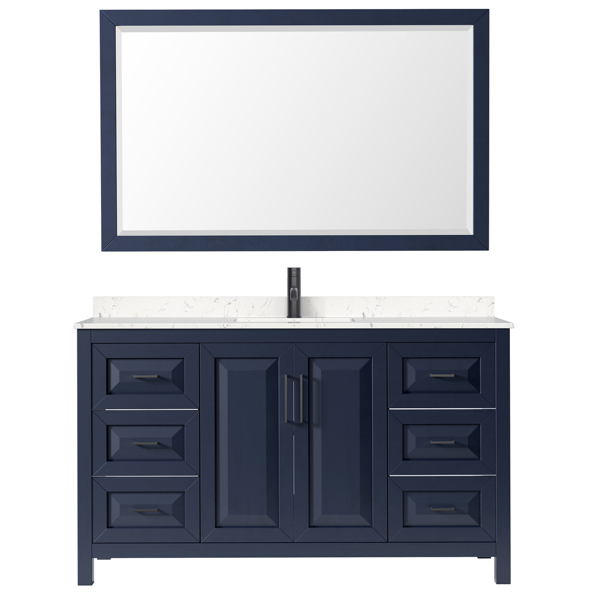 Daria 60 Inch Single Bathroom Vanity in Dark Blue Carrara Cultured Marble Countertop Undermount Square Sink Matte Black Trim 58 Inch Mirror