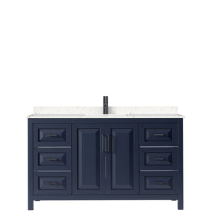Daria 60 Inch Single Bathroom Vanity in Dark Blue Carrara Cultured Marble Countertop Undermount Square Sink Matte Black Trim