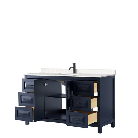 Daria 60 Inch Single Bathroom Vanity in Dark Blue Carrara Cultured Marble Countertop Undermount Square Sink Matte Black Trim