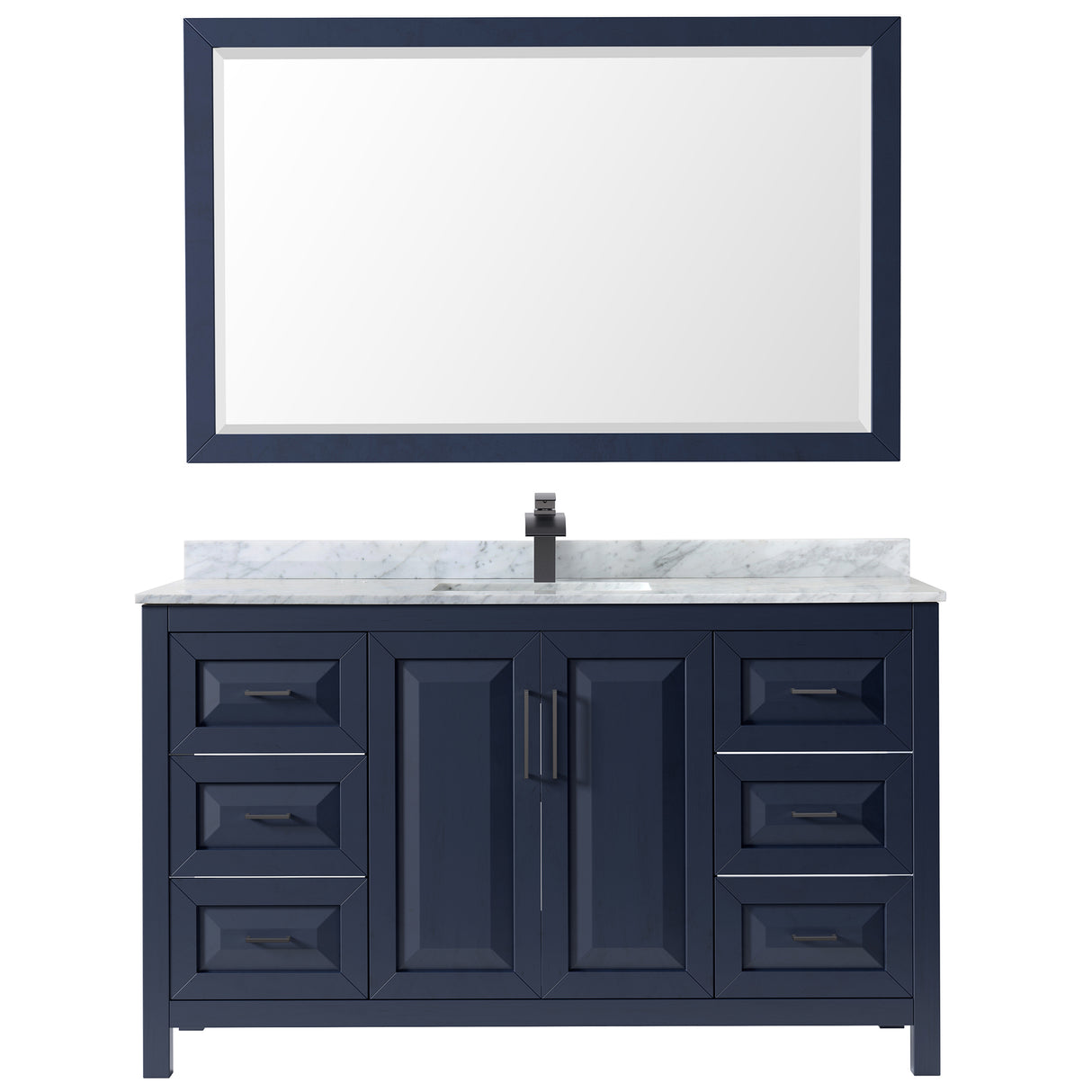 Daria 60 Inch Single Bathroom Vanity in Dark Blue White Carrara Marble Countertop Undermount Square Sink Matte Black Trim 58 Inch Mirror