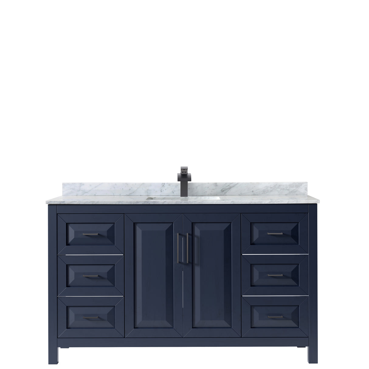 Daria 60 Inch Single Bathroom Vanity in Dark Blue White Carrara Marble Countertop Undermount Square Sink Matte Black Trim