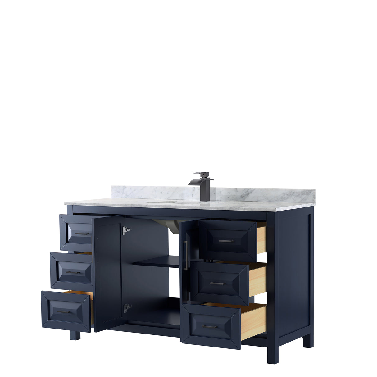 Daria 60 Inch Single Bathroom Vanity in Dark Blue White Carrara Marble Countertop Undermount Square Sink Matte Black Trim