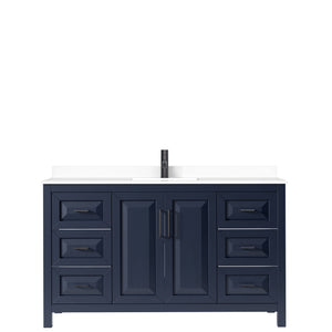 Daria 60 Inch Single Bathroom Vanity in Dark Blue White Cultured Marble Countertop Undermount Square Sink Matte Black Trim