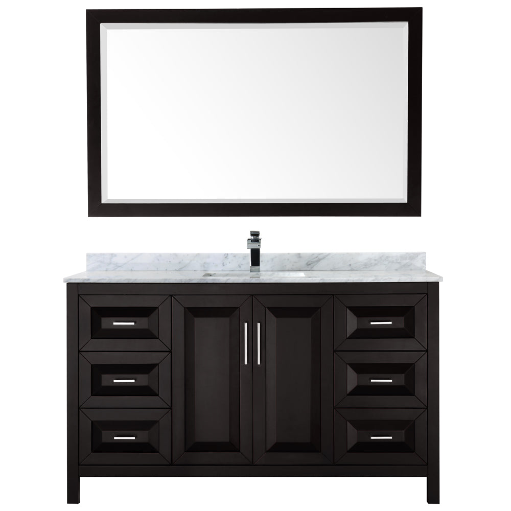 Daria 60 Inch Single Bathroom Vanity in Dark Espresso White Carrara Marble Countertop Undermount Square Sink and 58 Inch Mirror