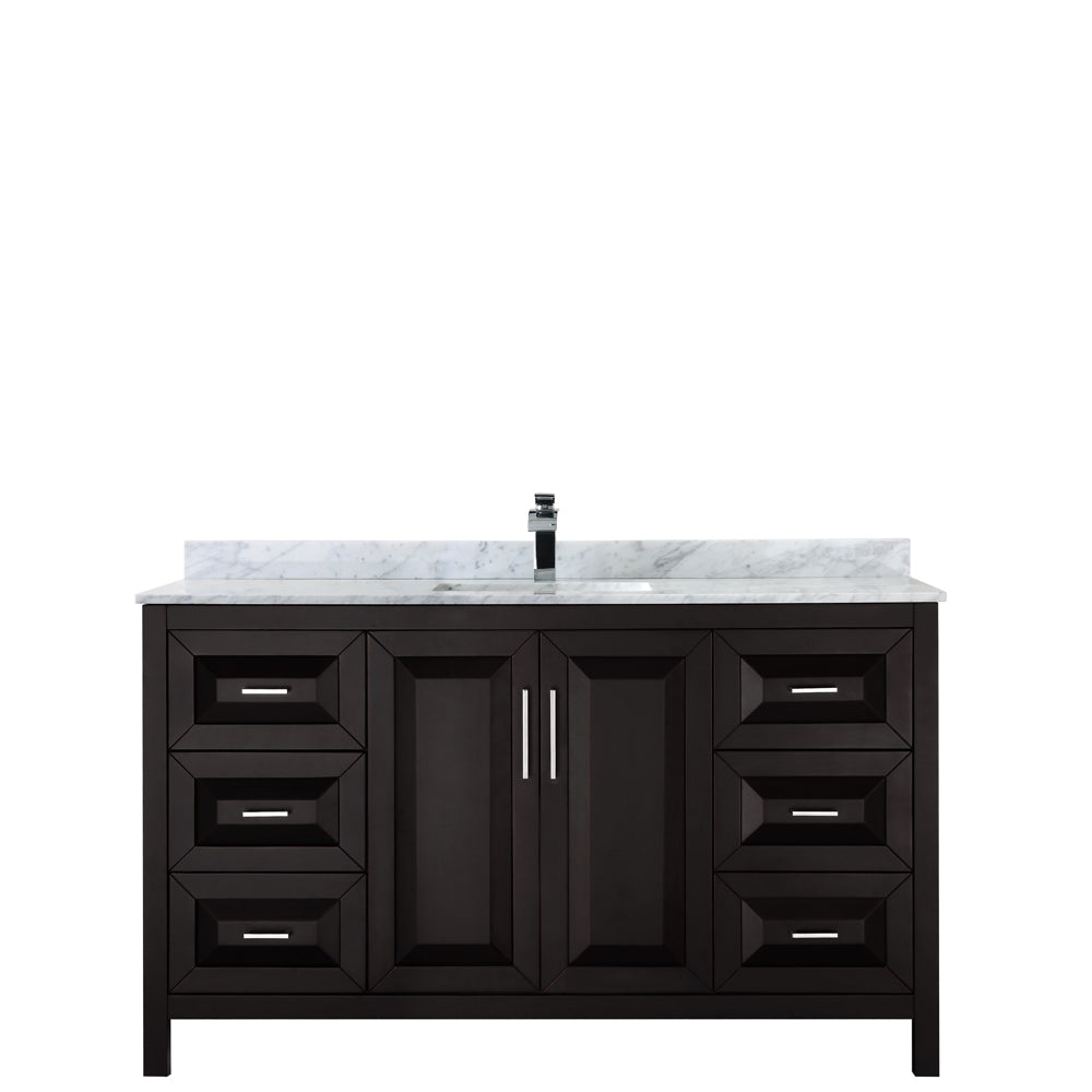 Daria 60 Inch Single Bathroom Vanity in Dark Espresso White Carrara Marble Countertop Undermount Square Sink and No Mirror