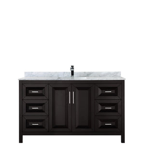 Daria 60 Inch Single Bathroom Vanity in Dark Espresso White Carrara Marble Countertop Undermount Square Sink and No Mirror