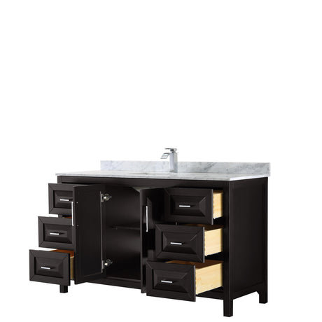 Daria 60 Inch Single Bathroom Vanity in Dark Espresso White Carrara Marble Countertop Undermount Square Sink and No Mirror