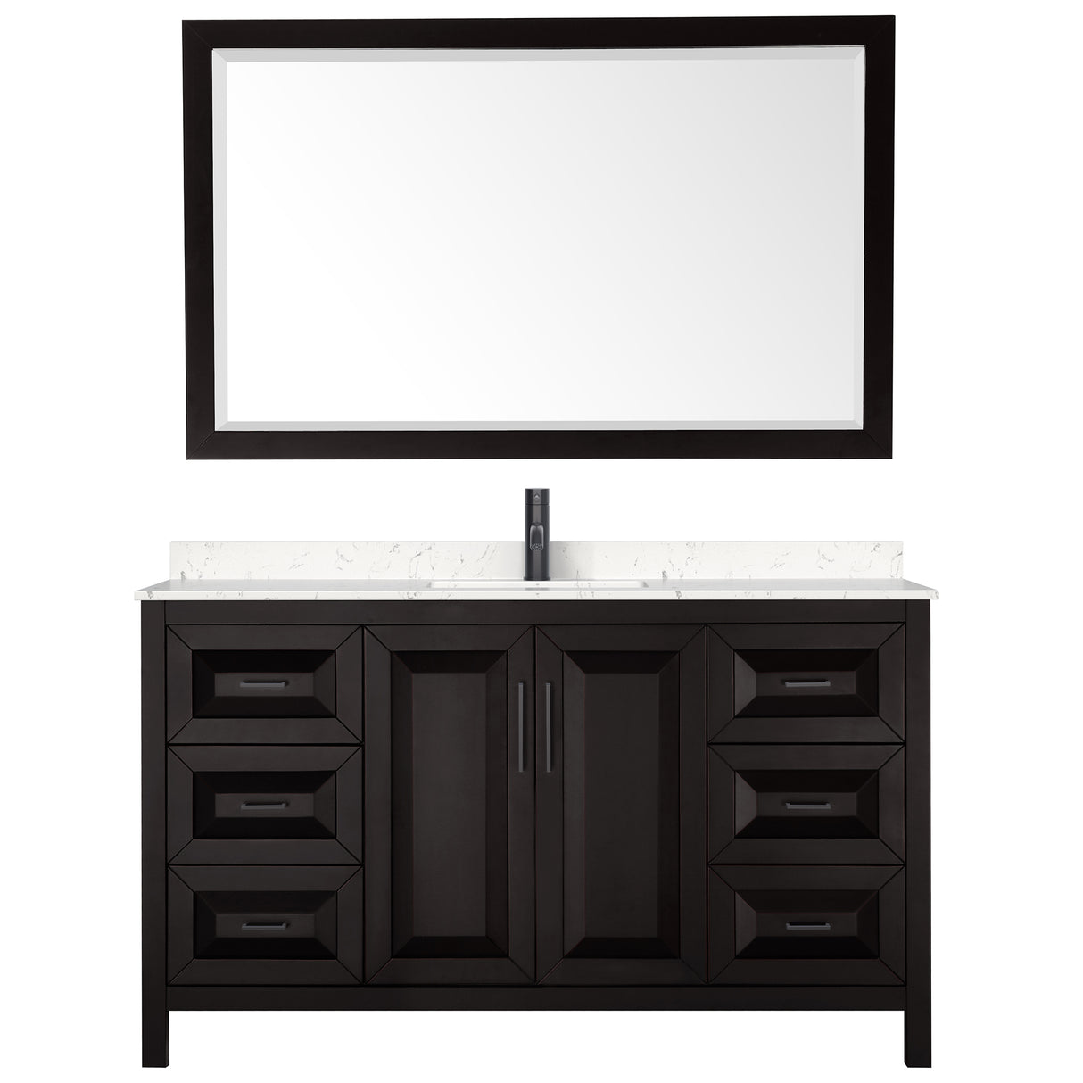 Daria 60 Inch Single Bathroom Vanity in Dark Espresso Carrara Cultured Marble Countertop Undermount Square Sink Matte Black Trim 58 Inch Mirror