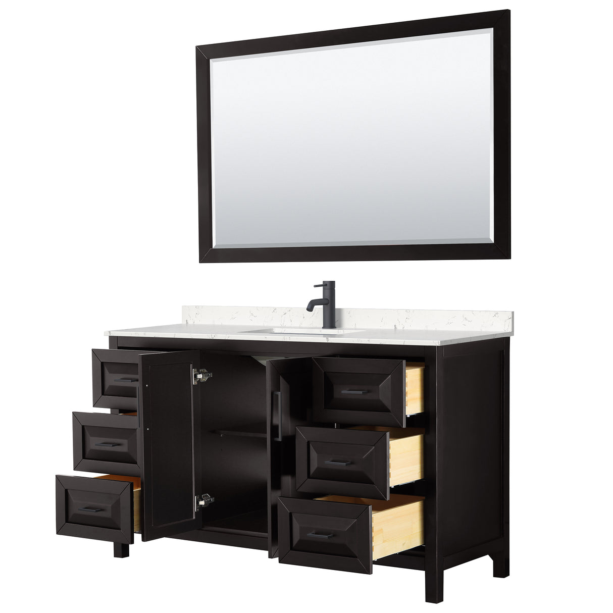 Daria 60 Inch Single Bathroom Vanity in Dark Espresso Carrara Cultured Marble Countertop Undermount Square Sink Matte Black Trim 58 Inch Mirror