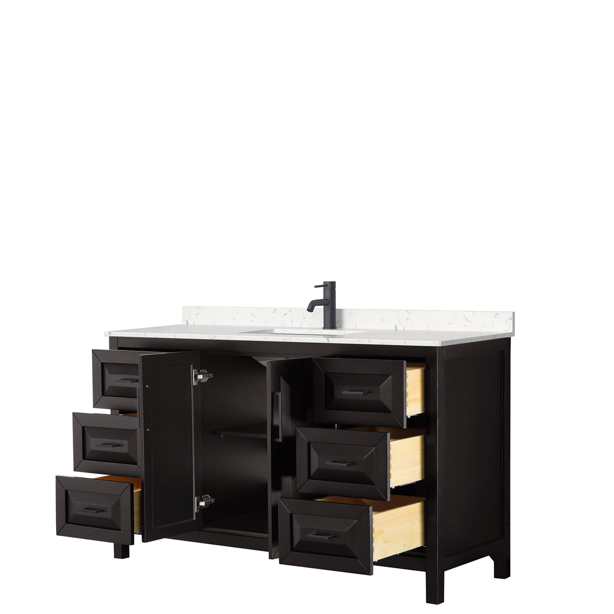 Daria 60 Inch Single Bathroom Vanity in Dark Espresso Carrara Cultured Marble Countertop Undermount Square Sink Matte Black Trim