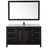 Daria 60 Inch Single Bathroom Vanity in Dark Espresso White Carrara Marble Countertop Undermount Square Sink Matte Black Trim 58 Inch Mirror