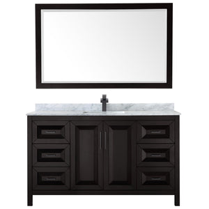 Daria 60 Inch Single Bathroom Vanity in Dark Espresso White Carrara Marble Countertop Undermount Square Sink Matte Black Trim 58 Inch Mirror