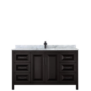 Daria 60 Inch Single Bathroom Vanity in Dark Espresso White Carrara Marble Countertop Undermount Square Sink Matte Black Trim