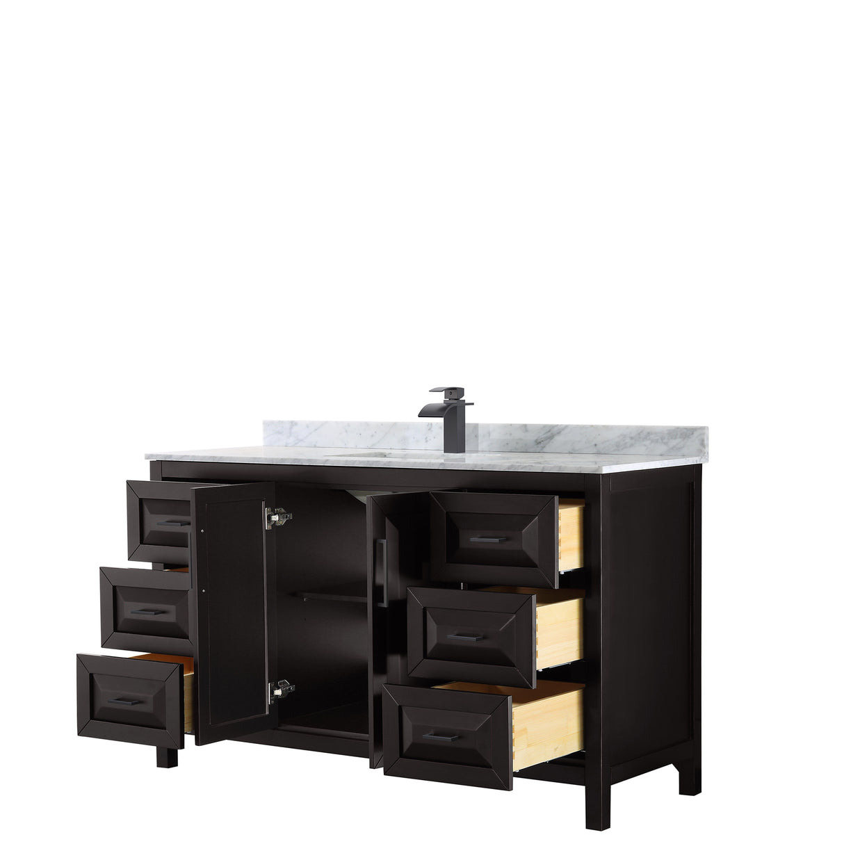 Daria 60 Inch Single Bathroom Vanity in Dark Espresso White Carrara Marble Countertop Undermount Square Sink Matte Black Trim