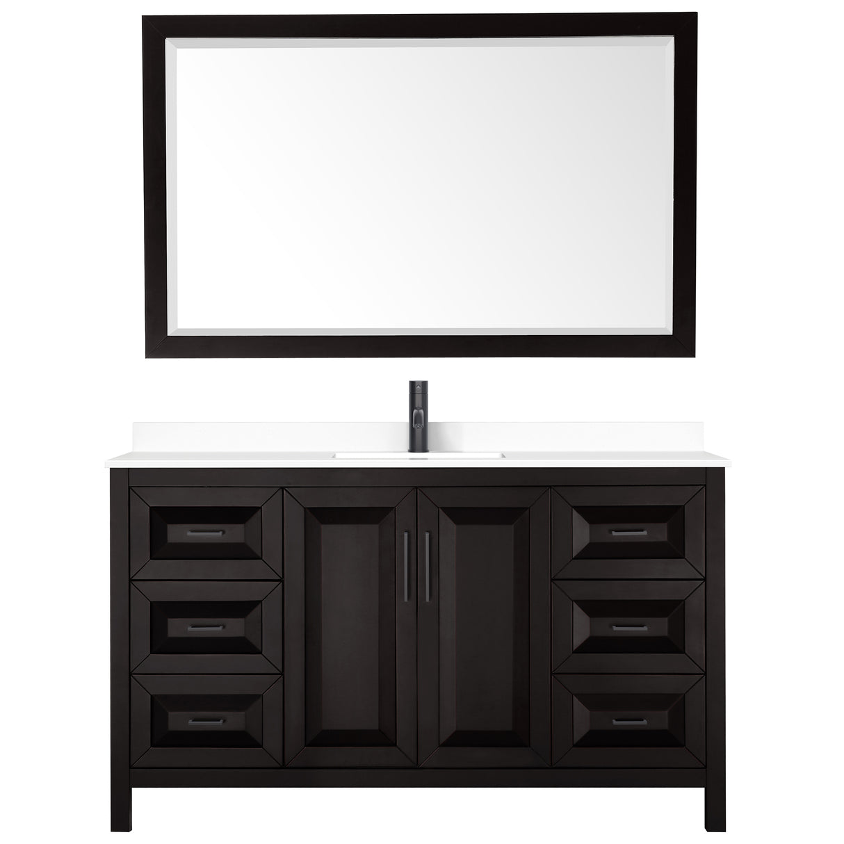 Daria 60 Inch Single Bathroom Vanity in Dark Espresso White Cultured Marble Countertop Undermount Square Sink Matte Black Trim 58 Inch Mirror