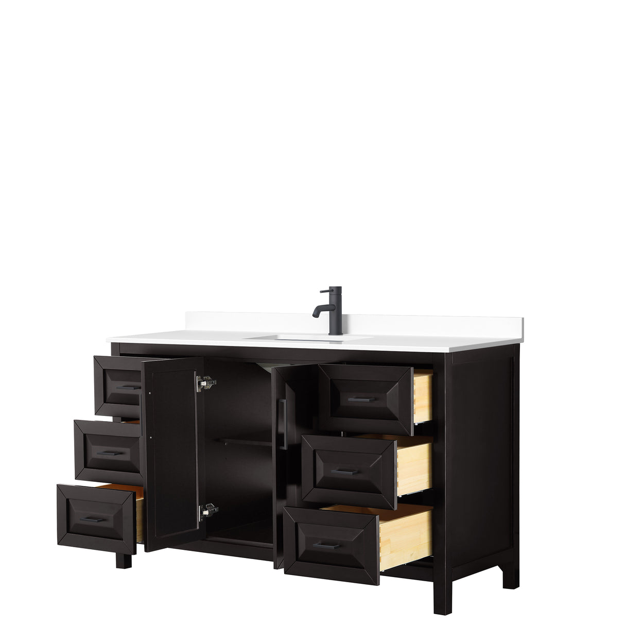 Daria 60 Inch Single Bathroom Vanity in Dark Espresso White Cultured Marble Countertop Undermount Square Sink Matte Black Trim