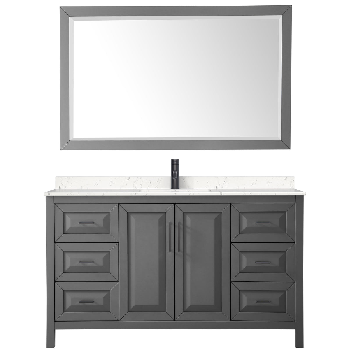 Daria 60 Inch Single Bathroom Vanity in Dark Gray Carrara Cultured Marble Countertop Undermount Square Sink Matte Black Trim 58 Inch Mirror