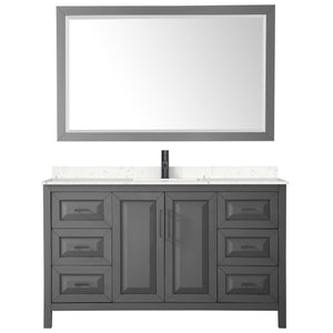 Daria 60 Inch Single Bathroom Vanity in Dark Gray Carrara Cultured Marble Countertop Undermount Square Sink Matte Black Trim 58 Inch Mirror