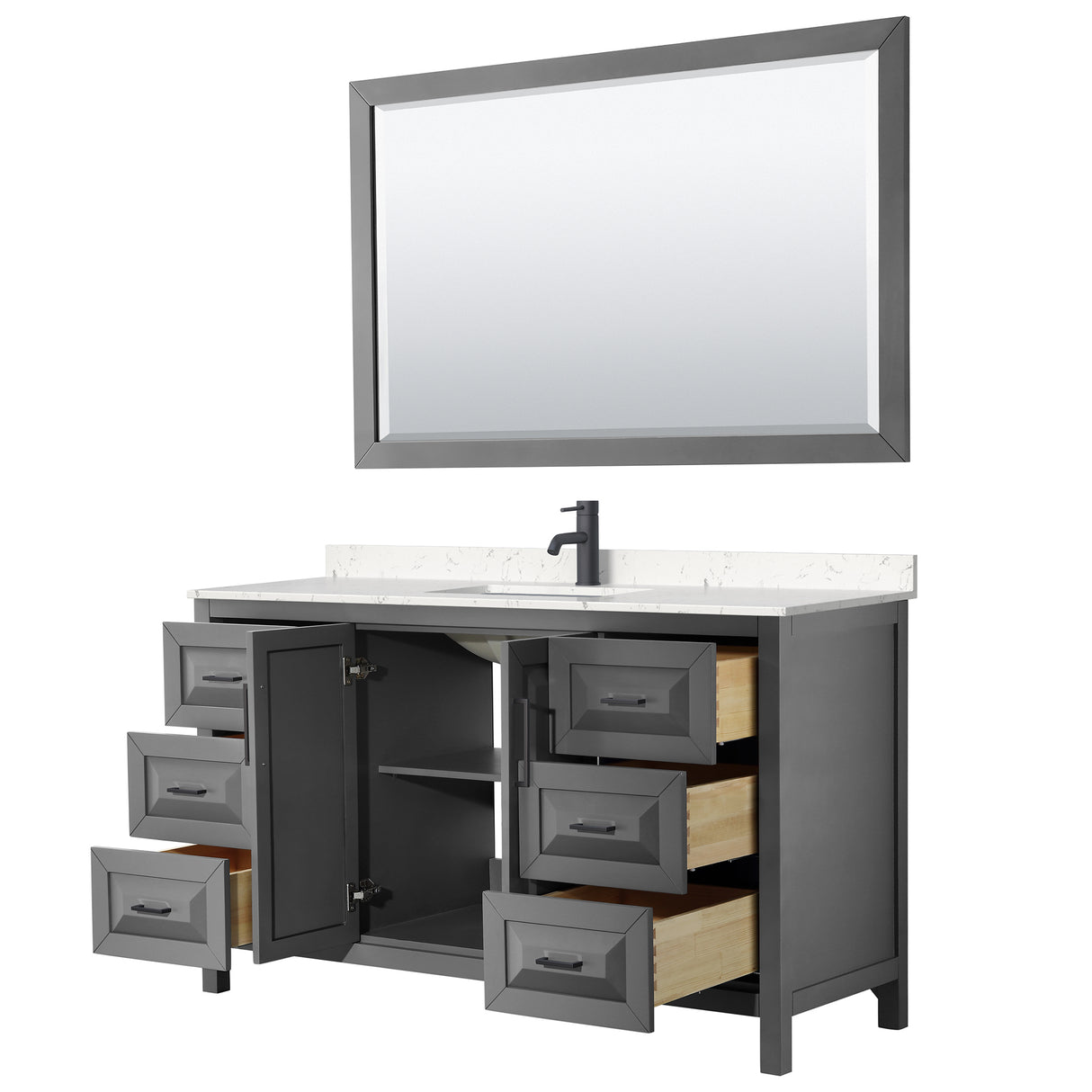 Daria 60 Inch Single Bathroom Vanity in Dark Gray Carrara Cultured Marble Countertop Undermount Square Sink Matte Black Trim 58 Inch Mirror