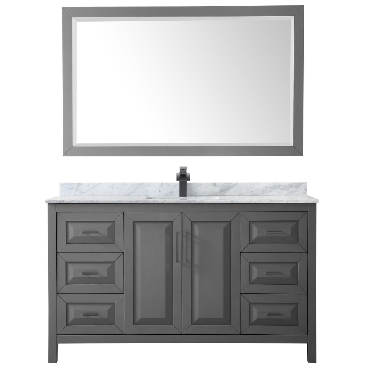 Daria 60 Inch Single Bathroom Vanity in Dark Gray White Carrara Marble Countertop Undermount Square Sink Matte Black Trim 58 Inch Mirror