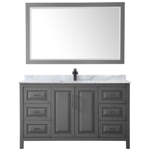 Daria 60 Inch Single Bathroom Vanity in Dark Gray White Carrara Marble Countertop Undermount Square Sink Matte Black Trim 58 Inch Mirror