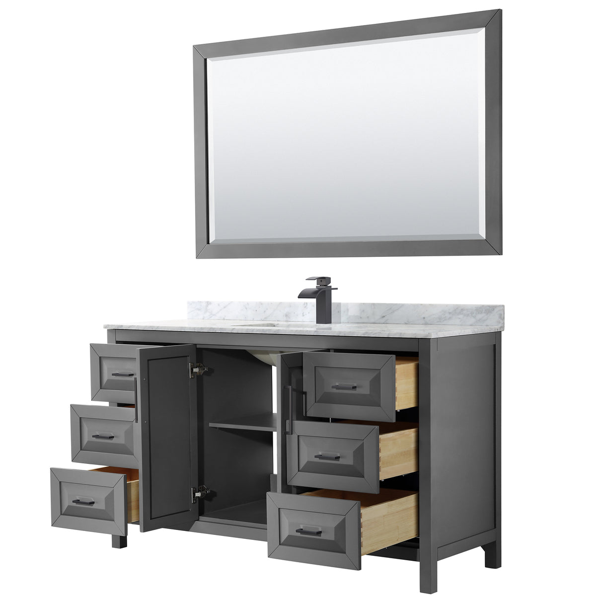 Daria 60 Inch Single Bathroom Vanity in Dark Gray White Carrara Marble Countertop Undermount Square Sink Matte Black Trim 58 Inch Mirror