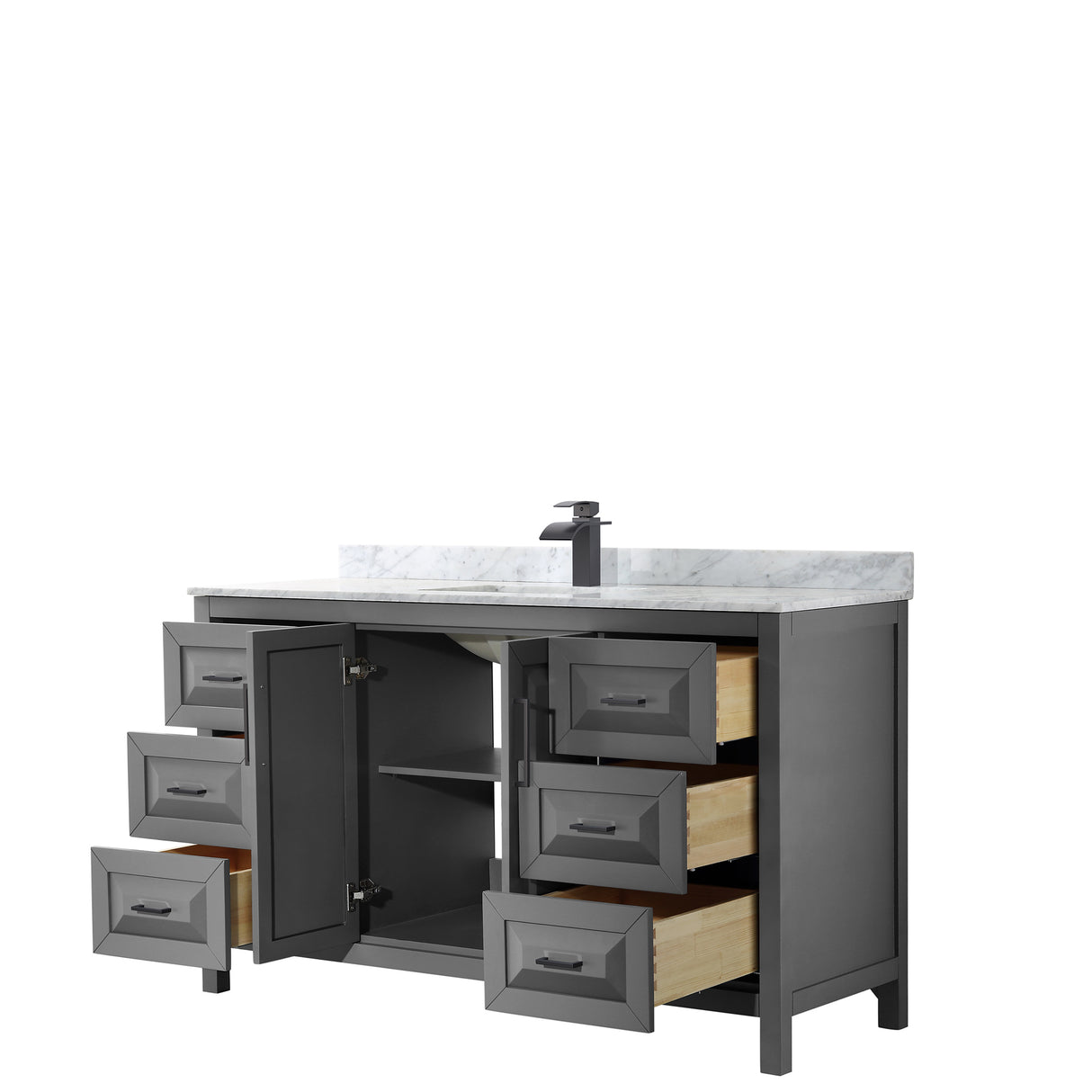 Daria 60 Inch Single Bathroom Vanity in Dark Gray White Carrara Marble Countertop Undermount Square Sink Matte Black Trim